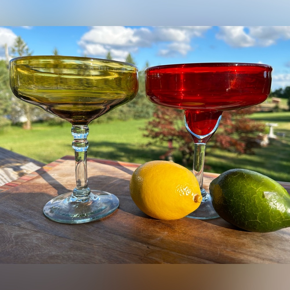 Vintage Set of 2 Hand Blown Mexican Red/yellow Margarita Glasses Barware
